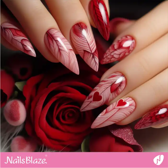 Red Nails with Hearts and Feather Pattern | Valentine Nails - NB2743